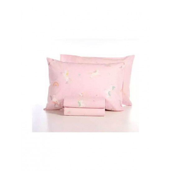Nef-Nef Homeware Σετ Σεντόνια Μονά Βαμβακερά Unicorns Style Ροζ 170x260cm 3τμχ