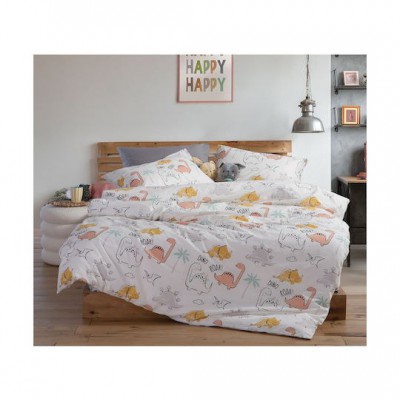 Nef-Nef Homeware Σετ Σεντόνια Μονά Βαμβακερά Dinosaur Art Ecru 170x260cm 3τμχ